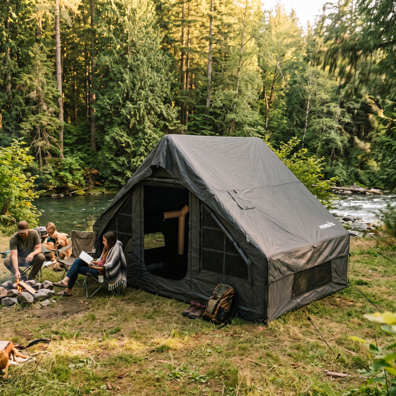Tente de camping gonflable avec pompe, Noir