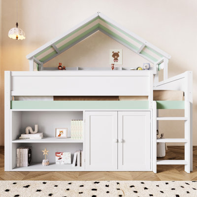Canopy Roof And Storage Cabinet Full Size Loft Bed, House - Shaped, White , Solid Wood For Stability Shaped Design, Long Term