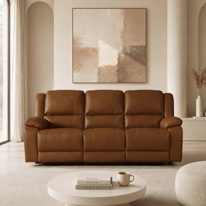 Canapé inclinable manuel de 81,5 po de largeur avec accoudoirs coussinés, Light Brown