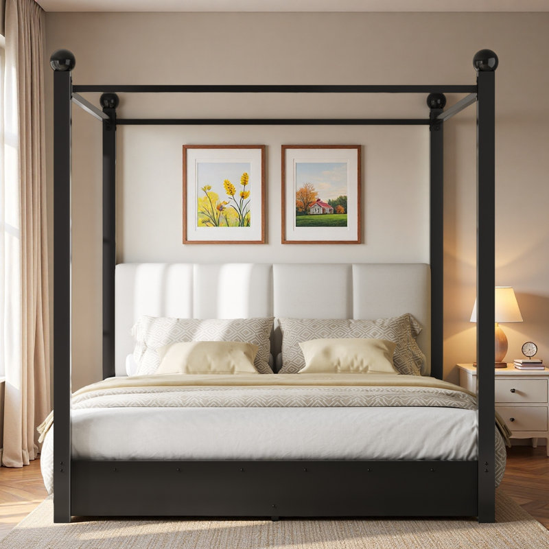 Lit plateforme à baldaquin avec tête de lit tapissier et structure en métal, Queen, Black