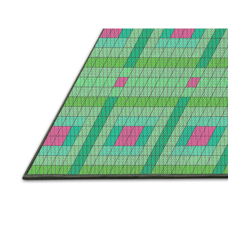 Tapis vert/rose à motifs Benesh, Rectangle 2 pi x 5 pi