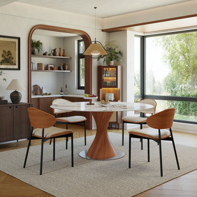 3/5/7 Pcs Modern Sintered Stone Round Dining Table Sets With Comfort PU Leather Kitchen Chiars For 2/4/6
