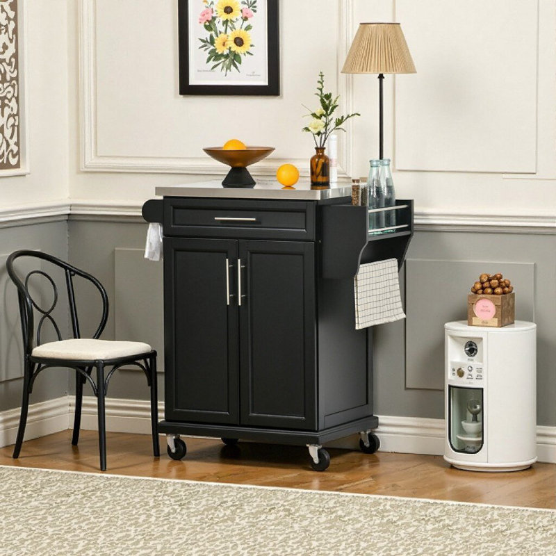 Îlot de cuisine noir sur roulettes avec comptoir en acier inoxydable, tiroir de rangement, porte-serviettes et porte-épices, chariot utilitaire mobile