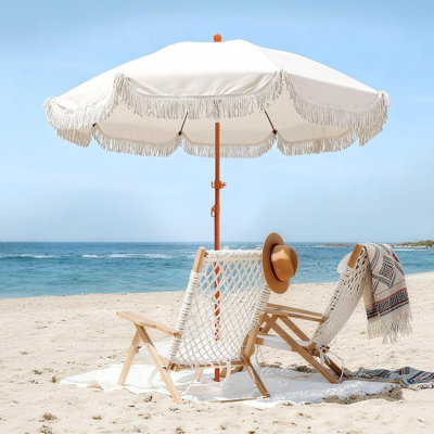 7.3Ft Vintage Boho Beach Umbrella,  UPF 50+ Sun Protection, Integrated Sand Anchor, 30° Tilt, For Patio Garden Picnic