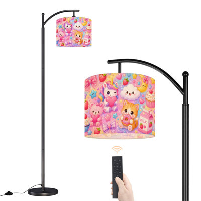 Lampadaire arqué Kawaii Chat Fleurs Macarons Lavande Étoilée 159 cm de haut, lampe sur pied moderne, abat-jour tambour en lin DEL, 3 températures de couleur, télécommande et interrupteur au pied pour salon, chambre ou coin lecture