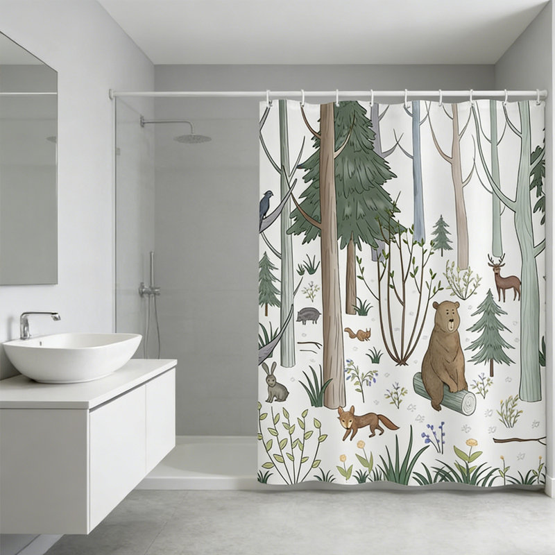 Rideau de douche 1 pièce en polyester imperméable à motif animal de la forêt avec crochets, l 72 po x H 72 po, style D