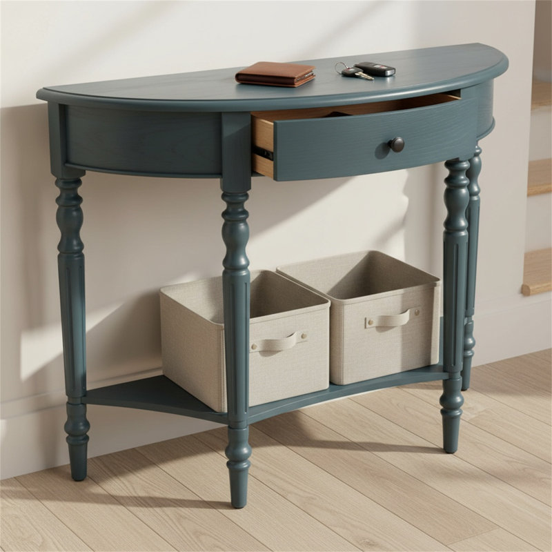 Table d'appoint en demi-lune avec tiroirs et tablettes, idéale pour les entrées, les salons, les couloirs et les foyers.