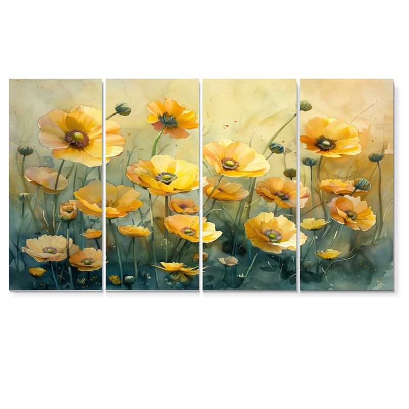 Jaune jaune noir Buttercup Flower Breeze III - Buttercups, ensemble de reproductions d'art mural, H 32 po x l 64 po