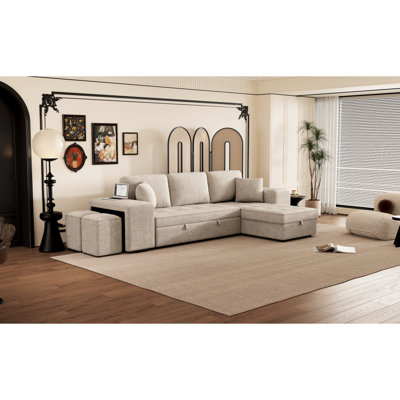 Canapé modulaire moderne en L à 3 places avec canapé-lit, 2 tabourets et rangement pour méridienne réversible