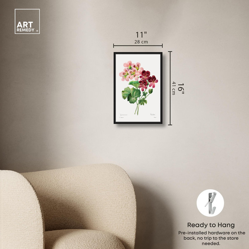 Art Remedy, impressions sur toile, géranium, 1827, Cadre flottant noir, H 16 po x l 11 po