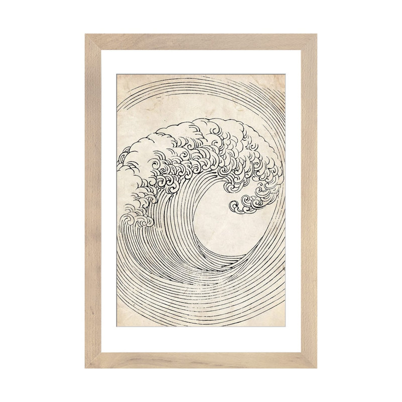 Croquis de vague zen rétro, Cadre de coin ouvert en bois naturel, H 32 po x l 24 po