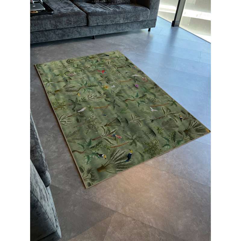Tapis décoratif moderne vert à motif d'oiseaux et d'arbres, Rectangle 5 pi 1 po x 7 pi 6 po
