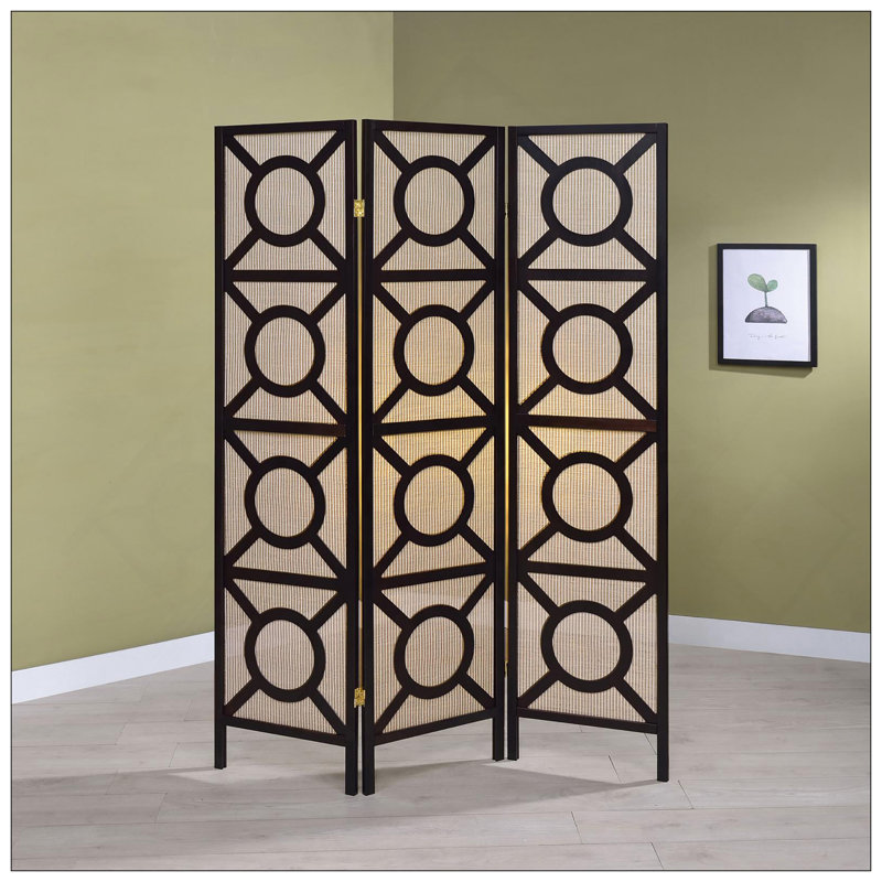 Tan And Cappuccino Circle Pattern 3-Panel Folding Screen, Perfect For Transitional Spaces And Exotic Charm