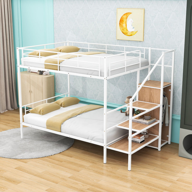 Metal Bunk Bed With Storage Wardrobe And Staircase, Full over Full, White
