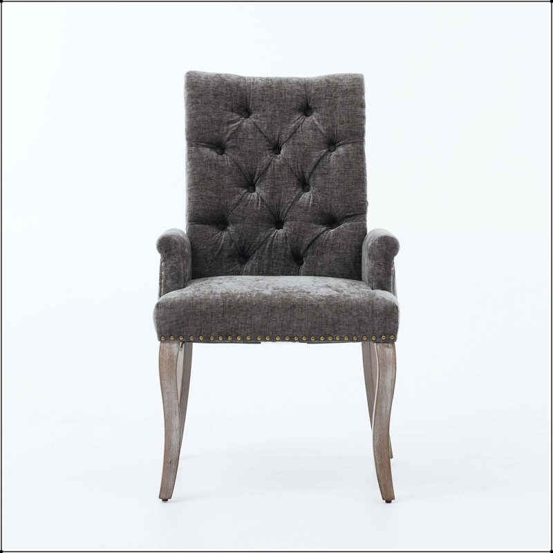 Chaise rembourrée d'appoint en chenille avec pieds courbés en bois massif, Gris, Gray