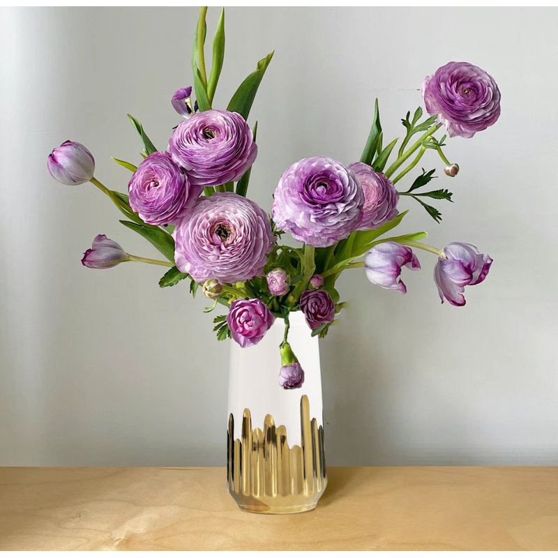 Ceramic Flower Vase,White And Gold Vase, Overall Height-  7.87"