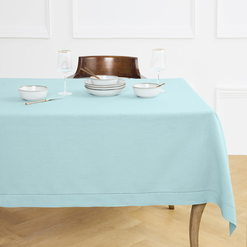 100% Pure Linen Hemstitch Table Cloth - Classic Hemstitch, 156" x 60", Aqua Blue