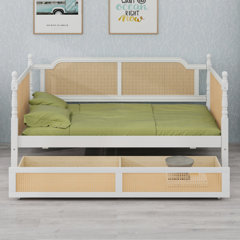 Rattan Traditional Style Daybed with 2 Drawers, Ideal for Small Bedrooms, Antique White