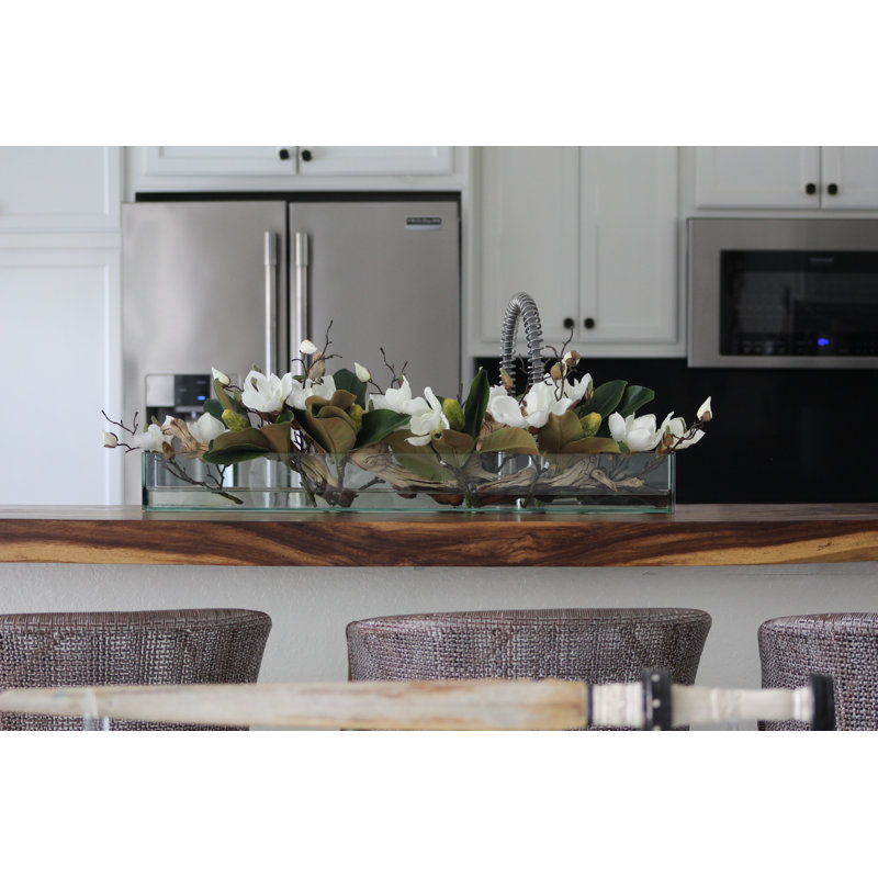 Glass Plate Magnolia Floral Arrangement And Centerpiece In Planter, 10" H x 24" W x 7" D, White
