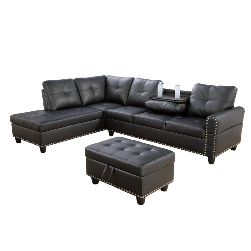 Plyler 97.2" Wide Modular Sectional with Ottoman, Black Faux Leather, Left Hand Facing