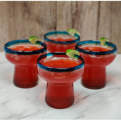 Mexican Hand Blown Glass - Hand Blown Stemless Blue Rim Margarita Glasses (14oz)