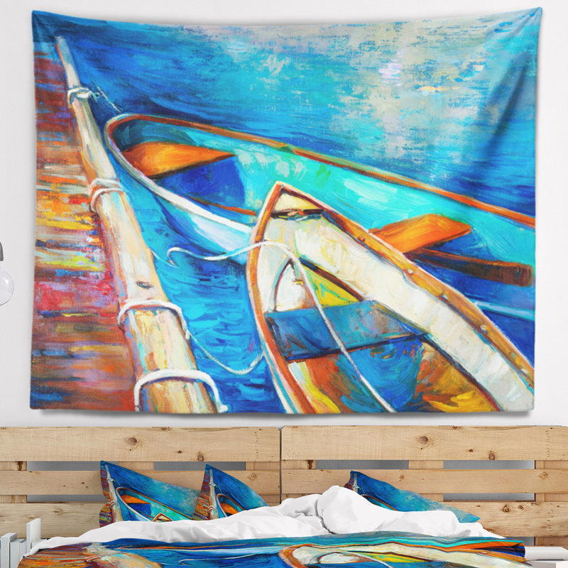 Bateaux marins et jetée dans la tapisserie à l'ombre bleue, H 50 po x l 60 po