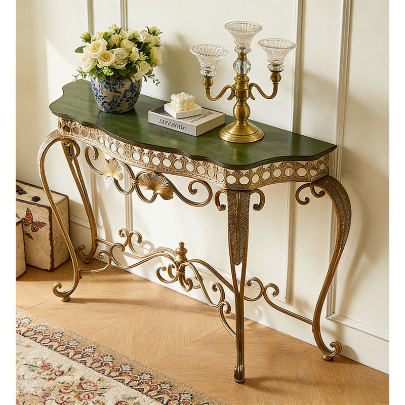 Console d'appoint en bois European Country, table d'appoint autoportante à volutes ornée d'or antique pour la décoration du salon