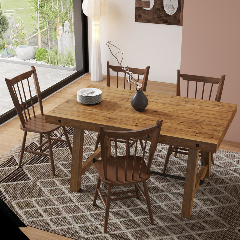 Modern Farmhouse Dining Set - Reclaimed Pine Table & Rubberwood Chairs - Rustic Industrial, 5 Pieces: Table, 4 Chairs, Brown