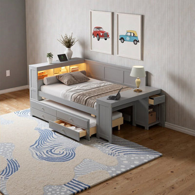 Lit de jour moderne avec rangement, lumière DEL, station de charge et bureau - gris