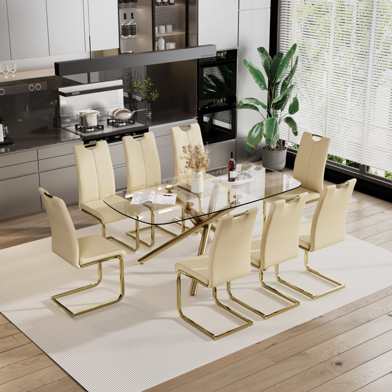 Ensemble de salle à manger rectangulaire à piédestal en verre, 9, Beige
