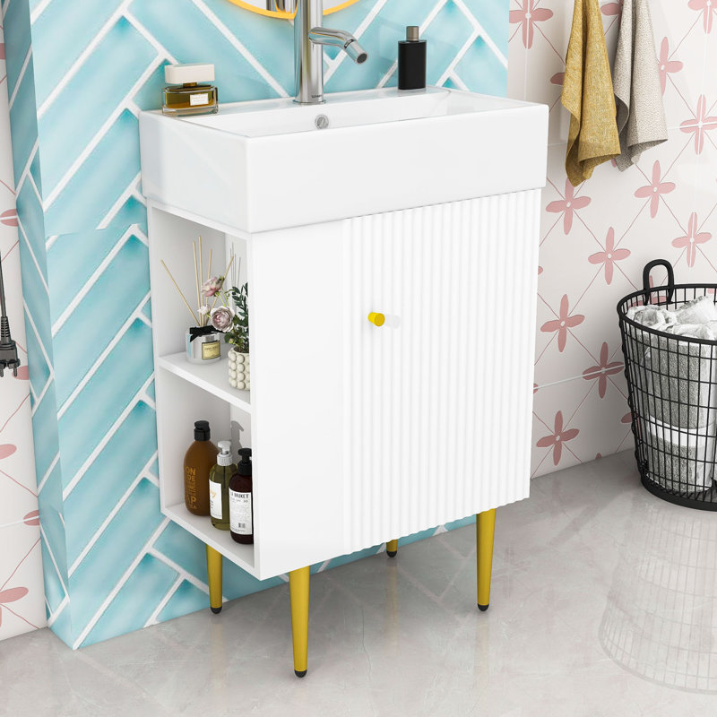 Meuble-lavabo élégant avec lavabo en céramique, rangement à gauche et détails dorés, Blanc / Doré