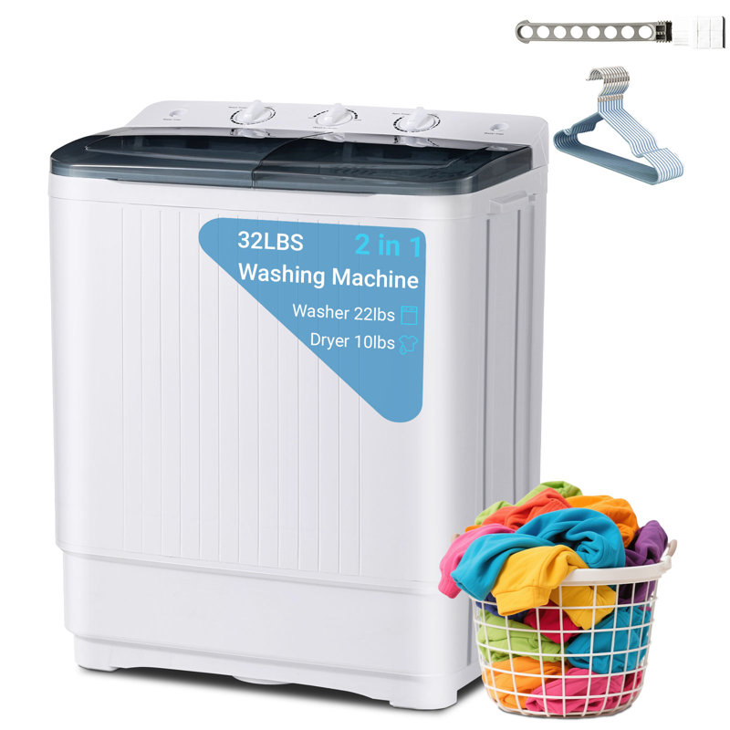 Erivess Portable Washing Machine, Twin Tub 32 Lbs Capacity with Drying Rack, Compact Laundry Washer(22 Lbs) and Spinner(10 Lbs) Combo, Durable Design, Timer Control, Small Laundry Machine for RV, Apartments, Dorms