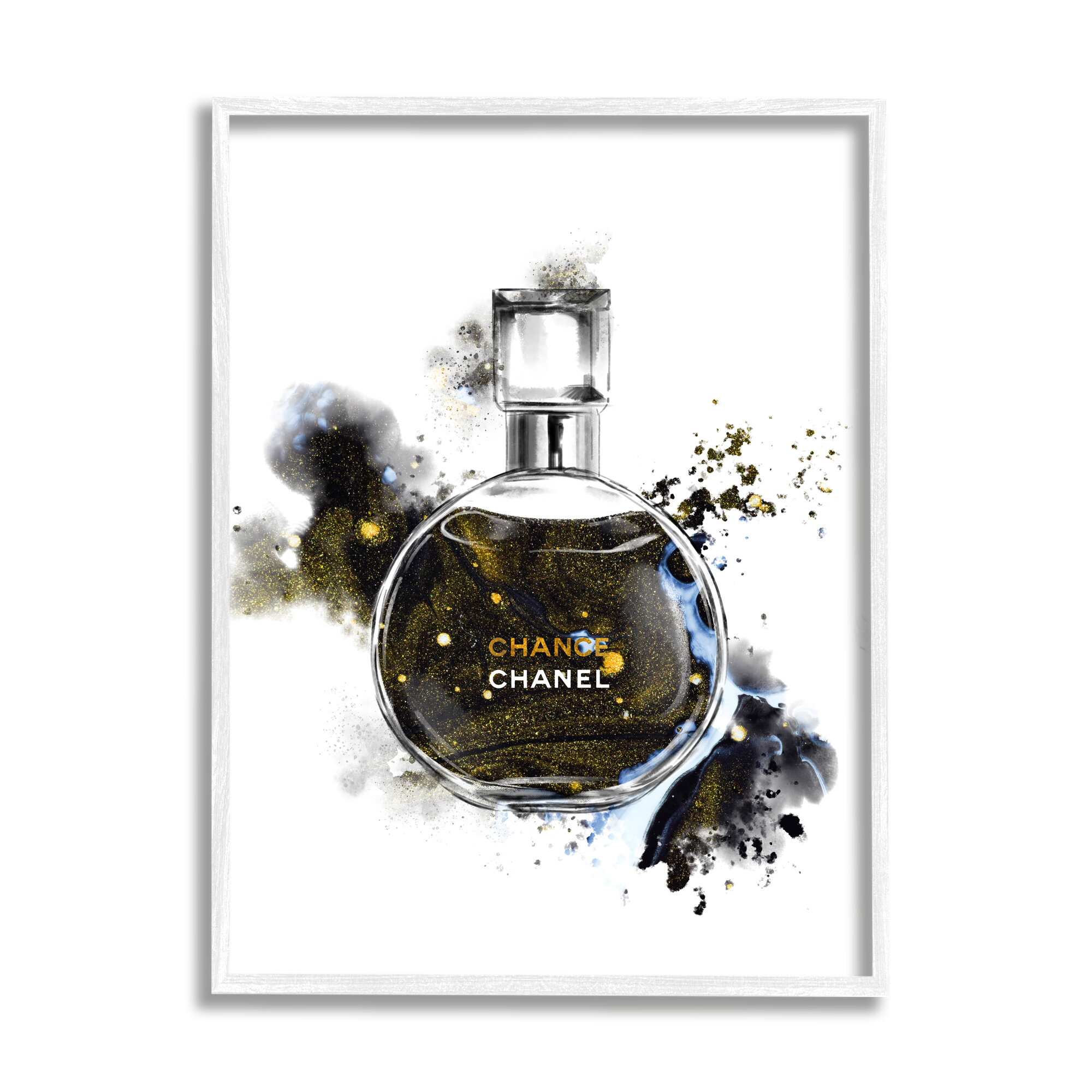 Stupell Glam Cosmetic Bottle Black Gold Watercolor Perfume Bottle Framed Wall Art - White - 11 x 14