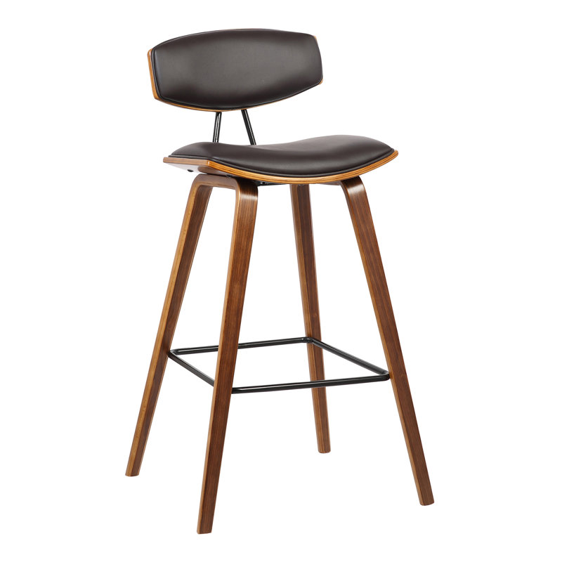 Tellis Mid-Century Modern Armless Stool in Faux Leather and Wood, Counter Height, Brown, Walnut