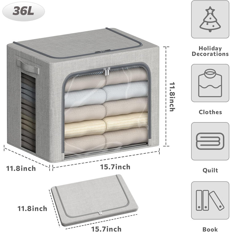 4 Pack Stackable Clothes Storage Bins With Metal Frame And Lids - Foldable Fabric Storage Containers With Clear Windows, Zippers & Handles For Home Organization
