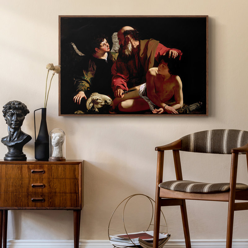 Le Sacrifice d'Isaac (version Uffizi), v. 1603 - Toile tendue avec châssis Caravaggio, 24 po x 36 po, Noyer