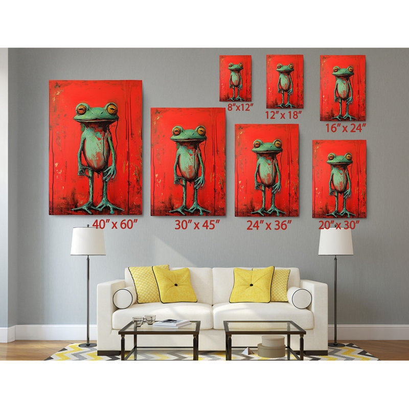 Drôle de grenouille sur fond rouge, H 24 po x l 16 po