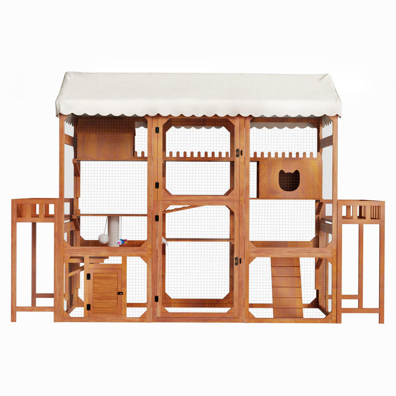 Grande enceinte extérieure en bois Thavor avec parc à plusieurs niveaux, supports pour plantes, toit