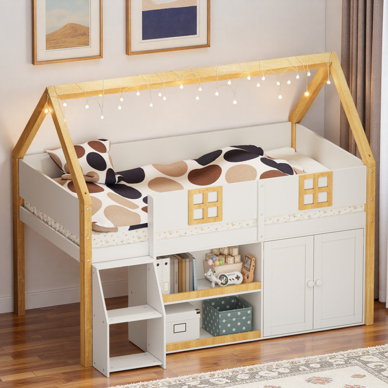 Lit mezzanine bas avec tablettes, armoires et lumières à DEL, Lit simple