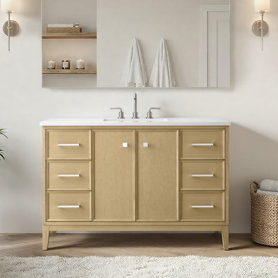 Meuble-lavabo 48 po avec lavabo en pierre d'ingénierie, pré-percé pour robinets espacés, structure et tiroirs en bois massif, entièrement assemblé et prêt à être installé