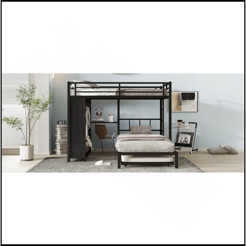 Lit superposé double au-dessus de simple avec garde-robe intégré, lit superposé en métal avec lit gigogne, bureau pliable, échelles, conception à réduction de bruit, noir