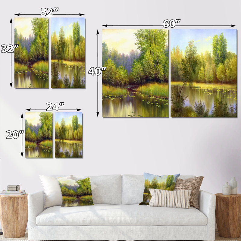 Beautiful Summer River Green Landscape I - Ensemble d'art campagnard de 2 pièces, H 36 po x l 48 po x P 1 po