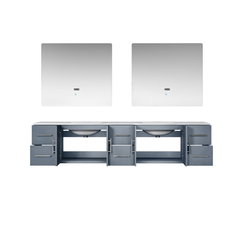 Geneva 84" Wall-Mounted Double Bathroom Vanity Set with Mirror, White Cultured Marble, Dark Gray