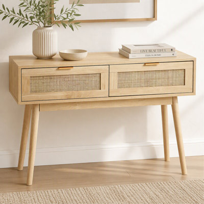 Rattan Console Table with 2 Storage Drawers, Rattan Entryway Table with Natural Rattan Sliding Door, Console Sofa Table for Living Room, Study, Entryway Or TV Wall, Natural