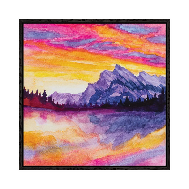 Glowy Lake At Sunset by Andrea Fairservice - Painting on Canvas, 45.72 cm H x 45.72 cm W x 3.175 cm D, Black Framed