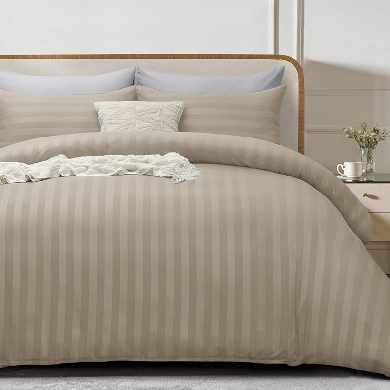 Microfiber Striped Duvet Cover Set with Pillowcases, Beige, Double Duvet Cover 2 Pillowcases