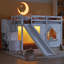 Lit mezzanine en bois double avec étagères, escalier de rangement, glissade, fenêtre et éclairage DEL-765040972