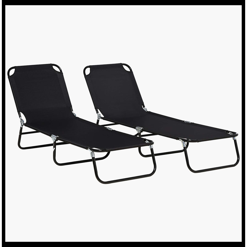 2 Piece Folding Chaise Lounge Pool Chairs, Heavy-Duty Outdoor Sun Tanning Chairs With 5-Level Reclining Back, Sturdy Steel Frame For Beach, Yard, Patio (Black)