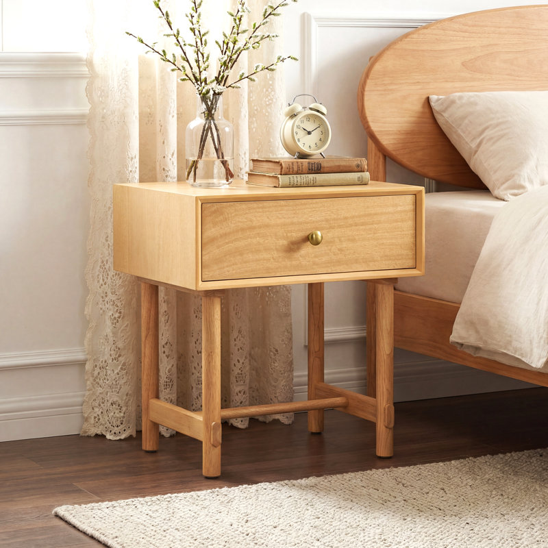 Table de chevet moderne minimaliste en bois massif avec tiroir simple et poignée en laiton
