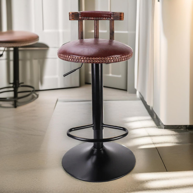 Benoist Rustic Industrial Vegan Leather, Swivel Adjustable Height Stool, Kitchen Barstools, Brown